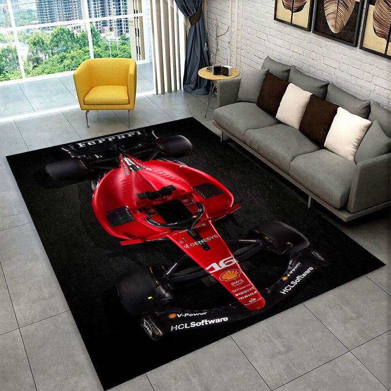 Kids Outdoor Area - レトロ F-Ferrarii レーシングカー モト ノンスリップエリアラグ リビングルーム、ベッドルーム、プレイルーム、カーペットフロアマット