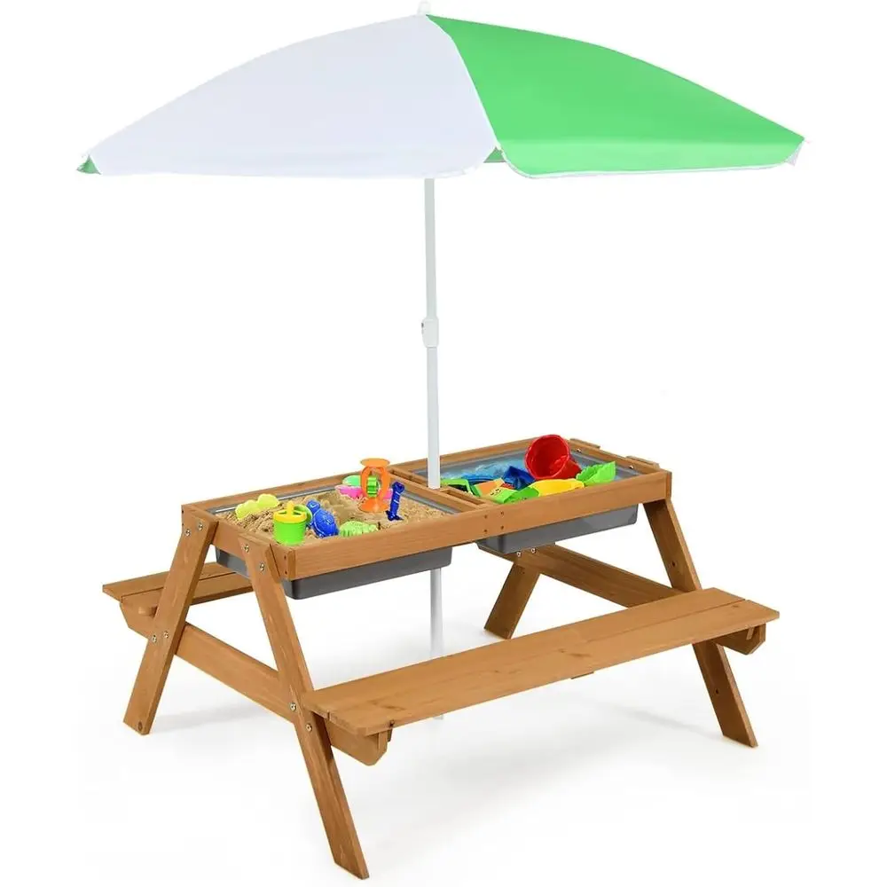 Kids Outdoor Furniture Set - 4-in-1木製砂場＆水遊びピクニックテーブル、取り外し可能なボックスと傘付き、子供用、屋外裏庭ガーデン家具セット