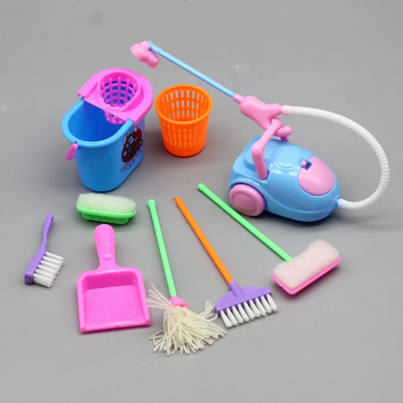 Kids Outdoor Broom - 9 個ミニチュアドールハウスクリーニング用品ミニバケツモップブラシほうき家事かわいいツールセット家具アクセサリー子供 BJD