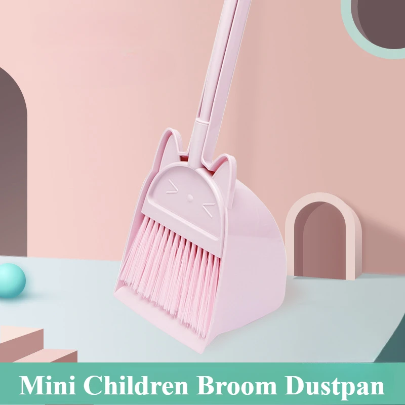Kids Outdoor Broom - ミニ子供用ほうきとちりとり、漫画猫の柔軟な毛先、子供向けごっこ遊び、幼児用室内屋外床掃除ツールセット
