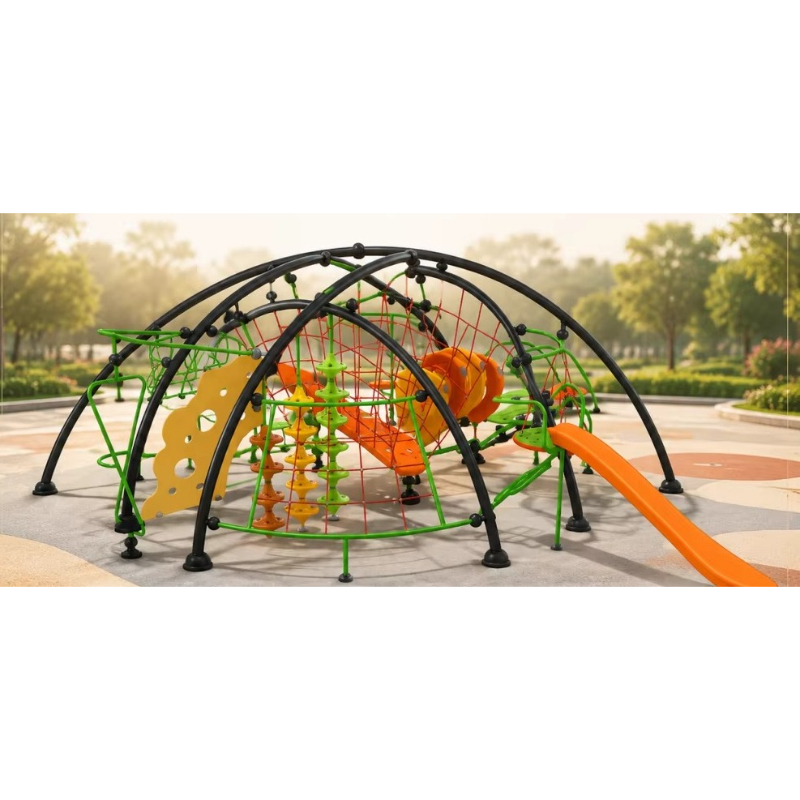 Kids Outdoor Climbing Frame - クライミングフレーム、屋外ロープドーム、プレイ構造物、ネットトンネル、アーチフレーム、オレンジスライド、子供用遊具